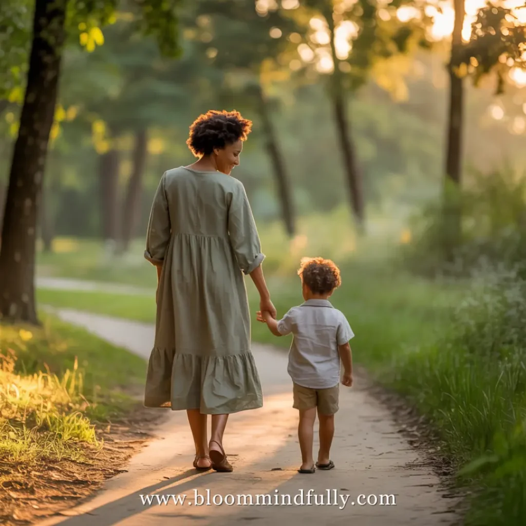 Time abundance shown in simple joy of mom and child taking an unhurried nature walk together.