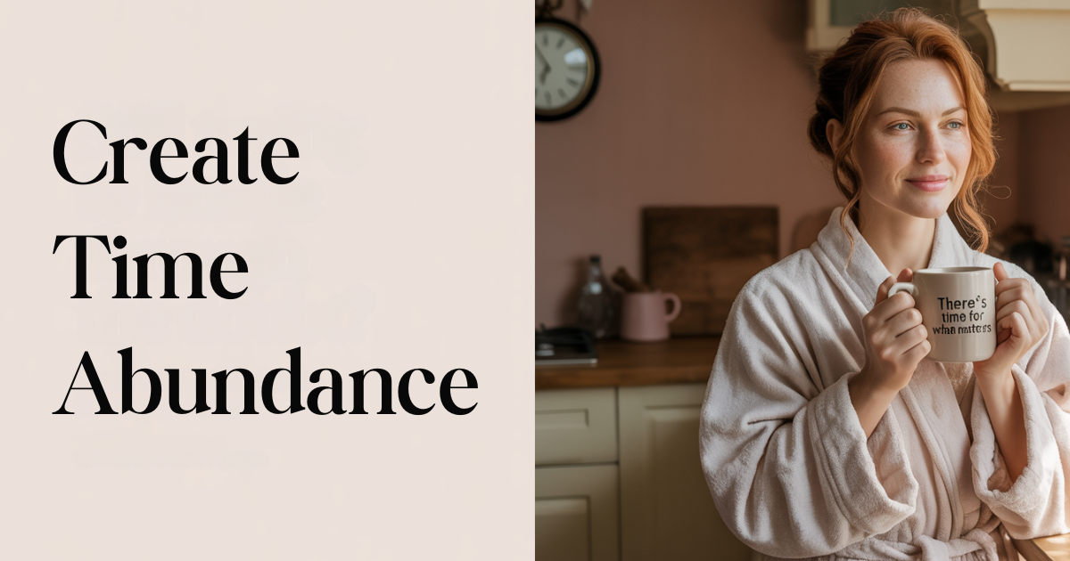 How to build time abundance mindset illustrated by relaxed morning scene with woman holding mug that reads There’s time for what matters.