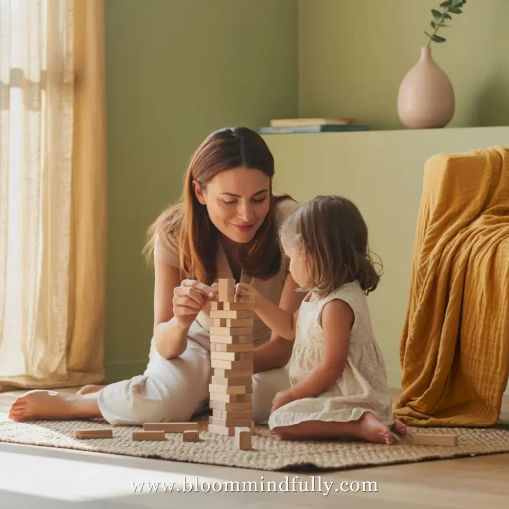 Mother and young daughter playing a mindful game of wooden blocks on the floor, representing the benefits of shifting from time scarcity to time abundance mindset by embracing present-moment awareness.