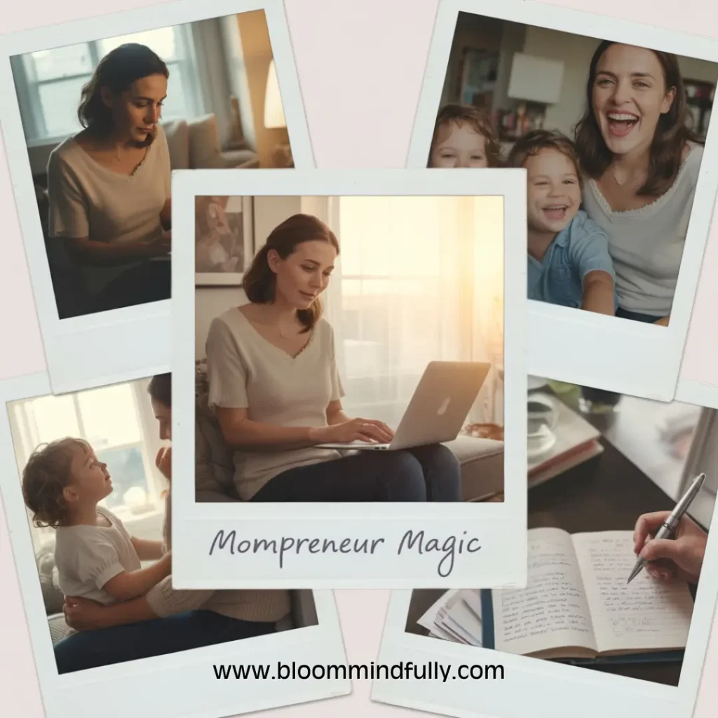 Collage of a mom working on laptop, writing in journal, and spending time with kids, with handwritten text “Mompreneur Magic”. Includes the text www.bloommindfully.com at the bottom. 