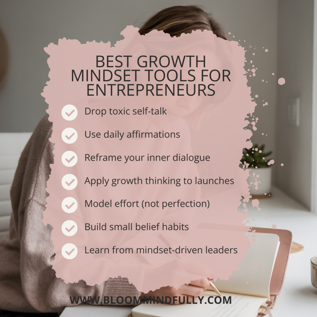 A checklist overlay on a soft pink background lists growth practices like reframing thoughts and modeling effort, highlighting the best growth mindset tools for entrepreneurs.