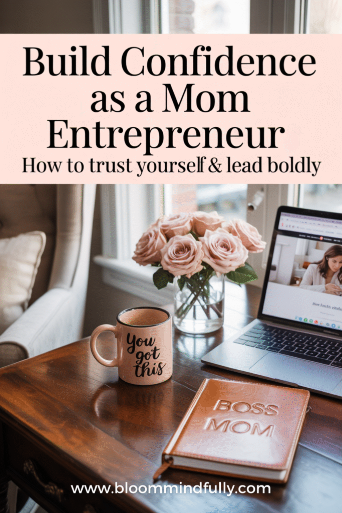 A cozy workspace with a “You got this” mug, pink roses, and a leather journal labeled “Boss Mom” beside a laptop, symbolizing how to build confidence as a mom entrepreneur by trusting yourself and creating an empowering environment.