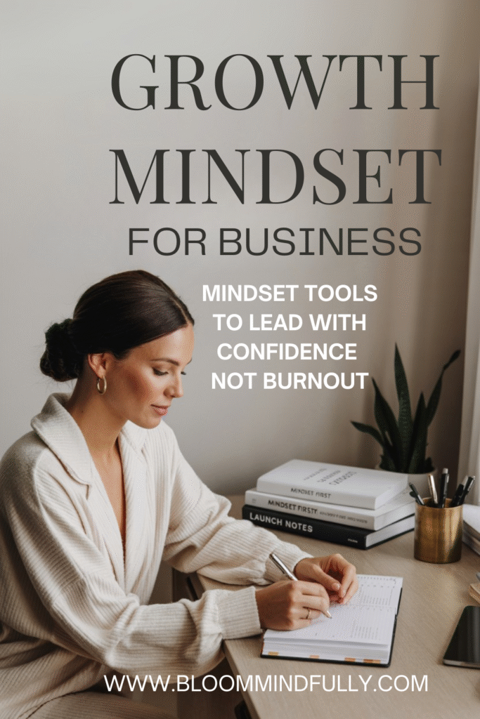 A woman journals at her desk next to books labeled “Mindset First” and “Launch Notes,” reflecting the use of growth mindset for business leadership without burnout.
