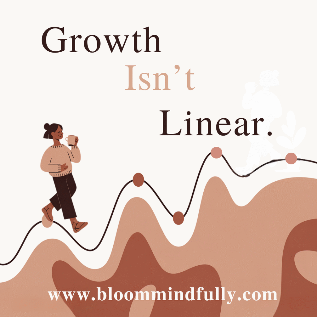 A woman walks along an uneven graph line with the phrase “Growth isn’t linear,” visually representing growth mindset examples for entrepreneurs who navigate ups and downs.