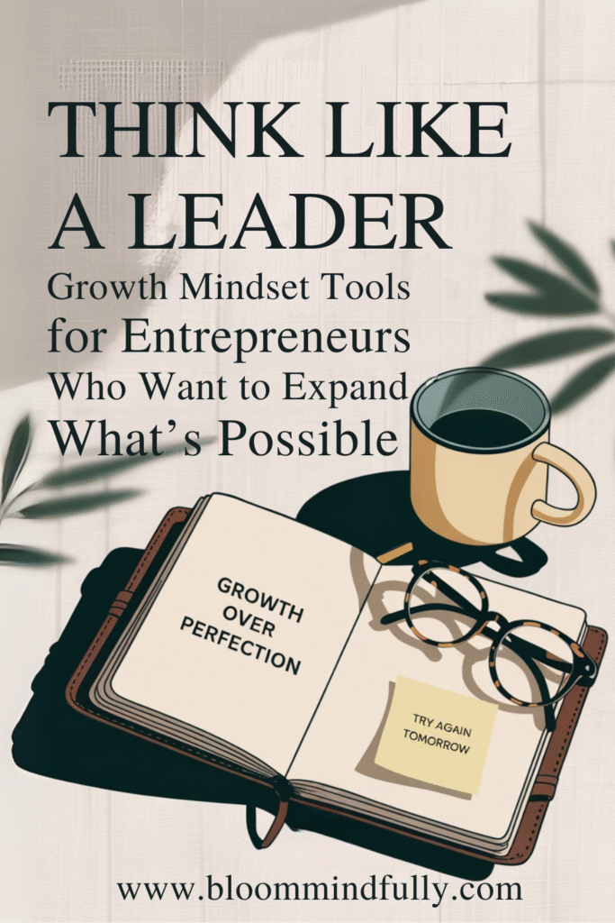 A journal open to “Growth Over Perfection” with coffee and glasses nearby promotes growth mindset tools for entrepreneurs who want to lead with resilience and clarity.
