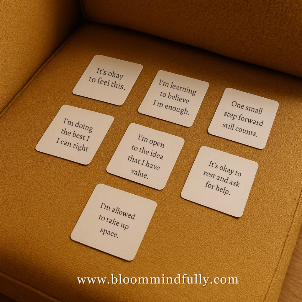 A set of affirmation cards with phrases like “I’m learning to believe I’m enough” and “It’s okay to ask for help,” offering alternatives to negative self-talk.