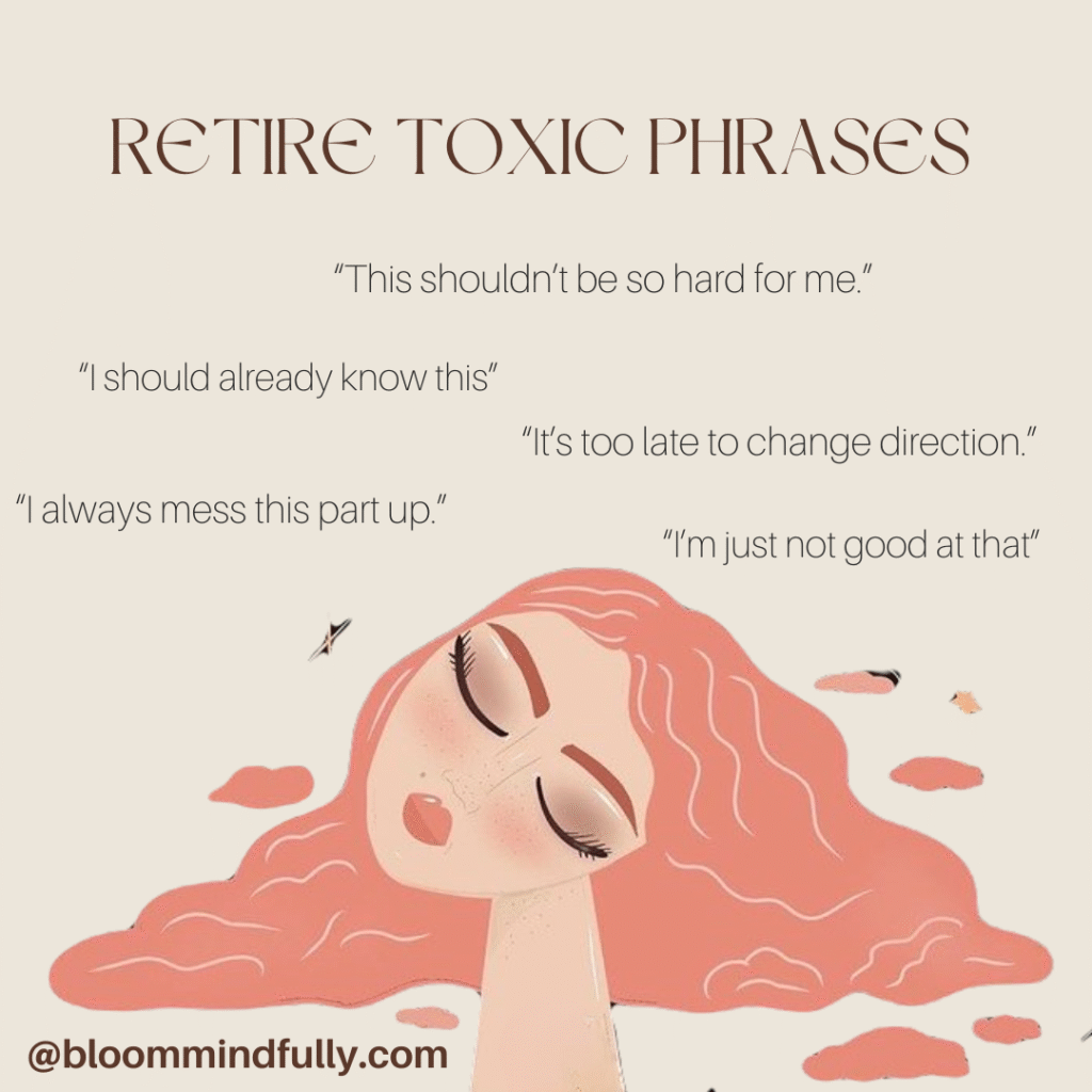 Illustrated woman with eyes closed surrounded by harmful self-talk like “I always mess this up,” encouraging entrepreneurs to replace these with growth mindset tools.