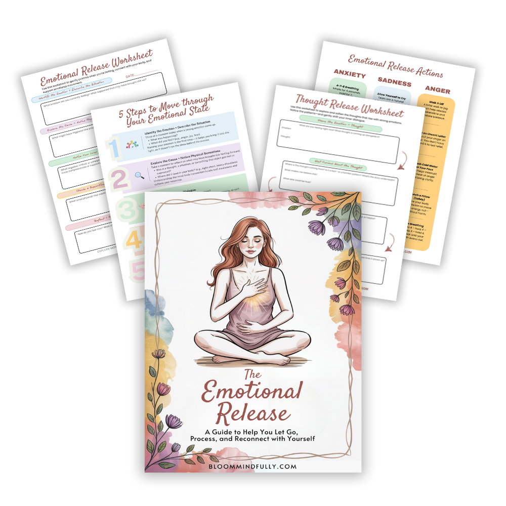 A printable Emotional Release Guide featuring calming illustrated worksheets to help women process emotions, release stress, and reconnect with themselves through mindful reflection and gentle self-awareness.
