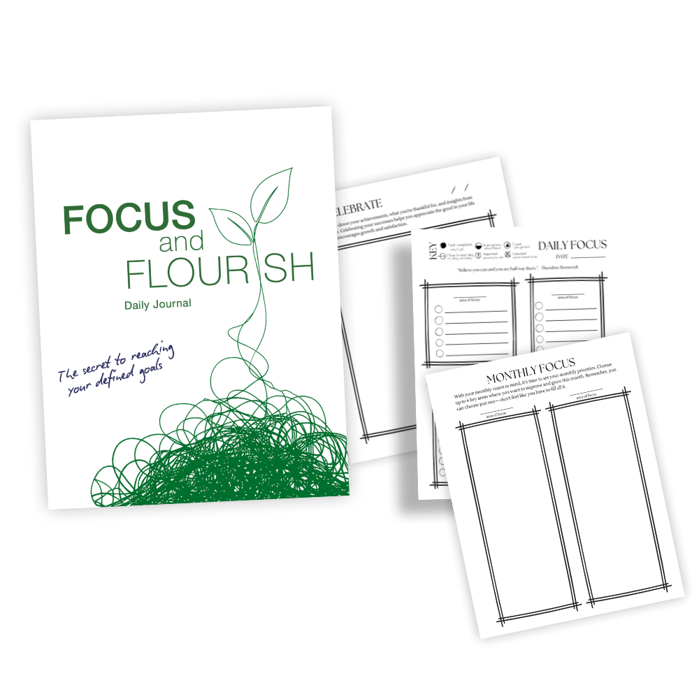 The Focus and Flourish Journal, a guided daily planner with minimalist pages for goal setting, reflection, and mindful productivity, designed for mom entrepreneurs seeking structure without overwhelm.