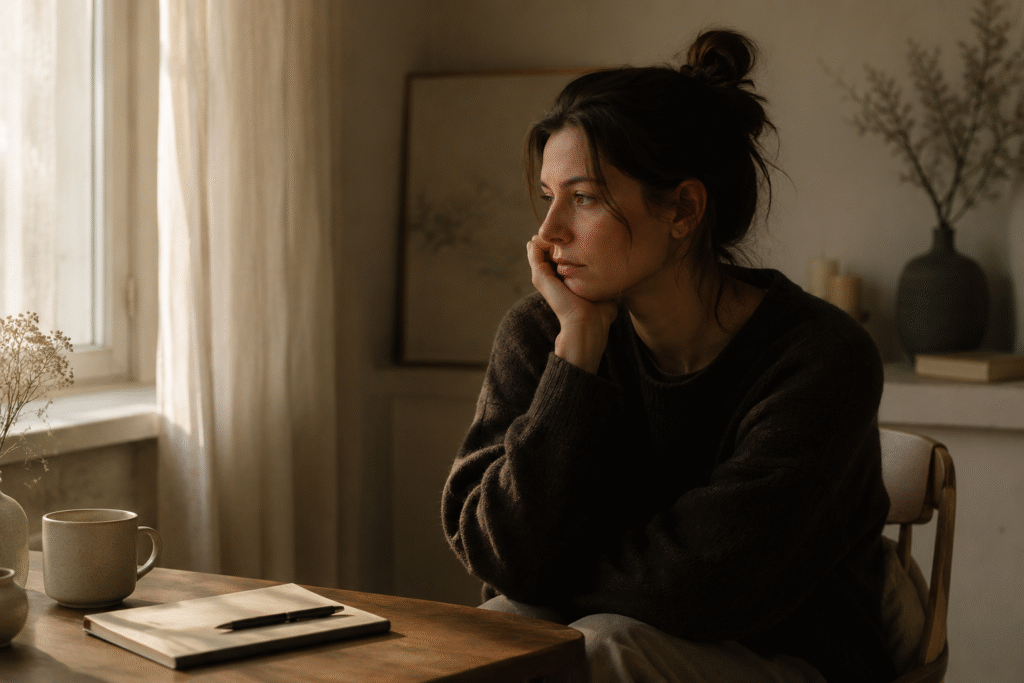 Woman sitting quietly by a window reflecting on emotional overwhelm and mental exhaustion