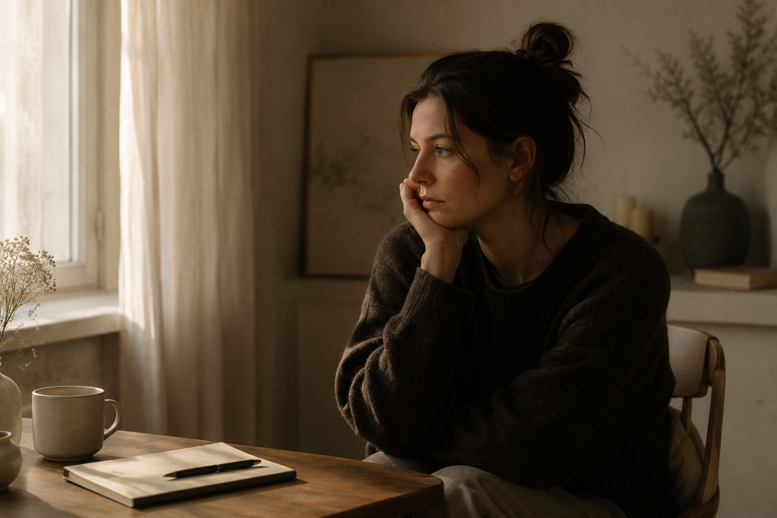 Woman sitting quietly by a window reflecting on emotional overwhelm and mental exhaustion