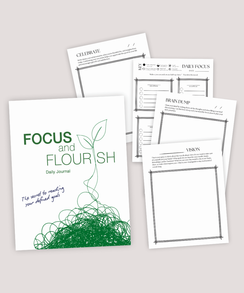 Focus and Flourish daily journal with planning, brain dump, and reflection pages for clarity and focus