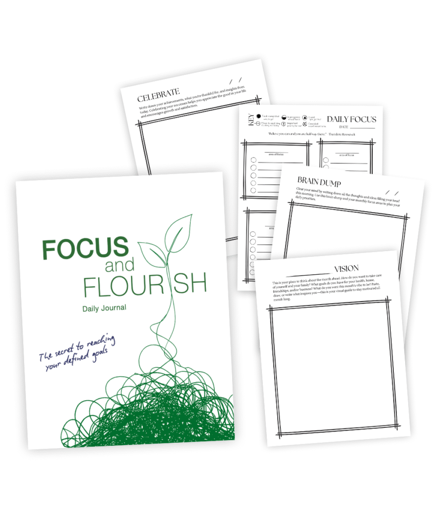Focus and Flourish daily journal with planning, brain dump, and reflection pages for clarity and focus