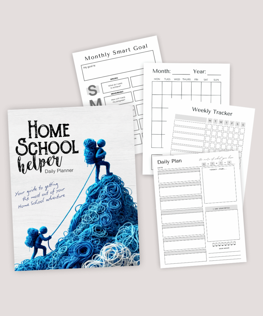 Homeschool Helper planner with daily planning, weekly tracker, and reflection pages for organized homeschool days