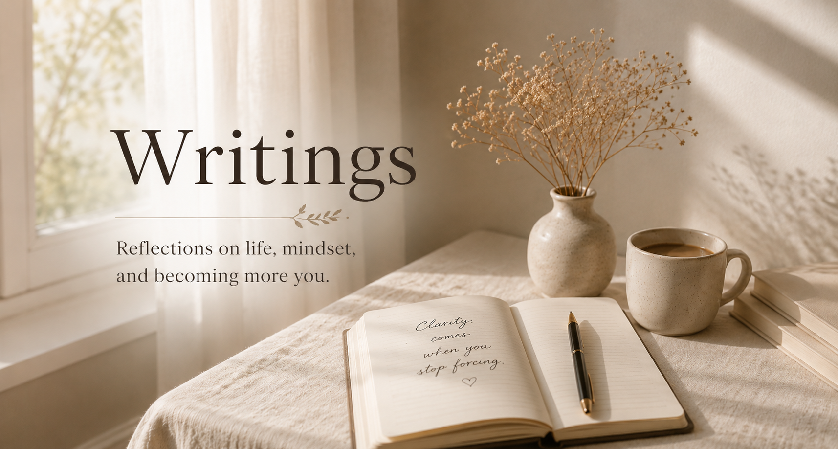 Warm sunlit writing desk with open journal, coffee mug, dried flowers, and soft neutral tones beside a window