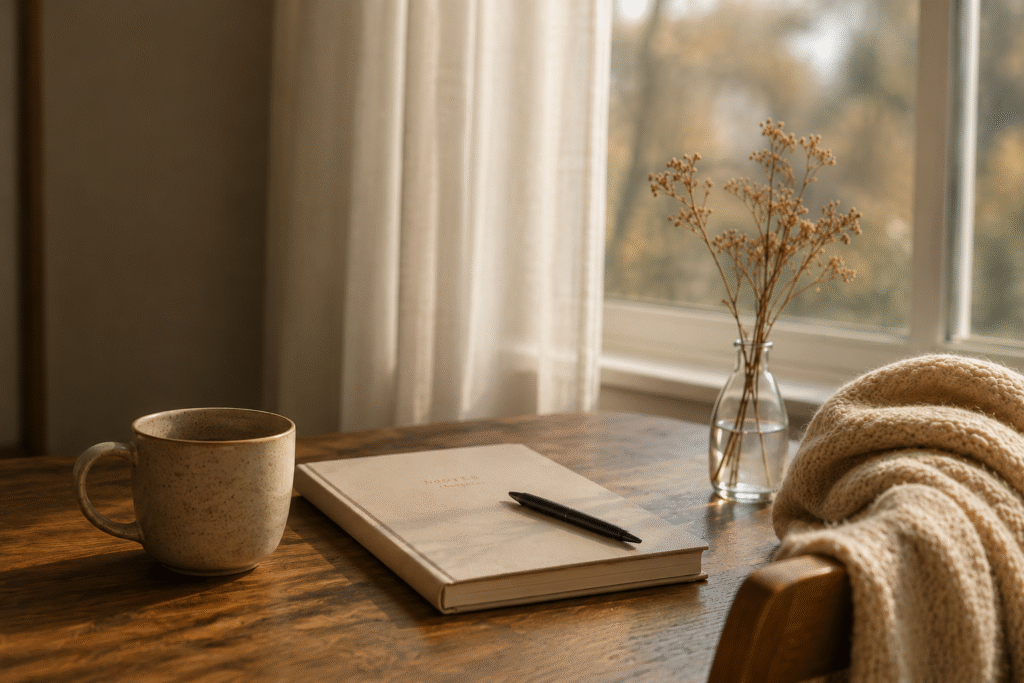 Cozy journal and coffee by a softly lit window representing reflection, emotional awareness, and letting go of pressure