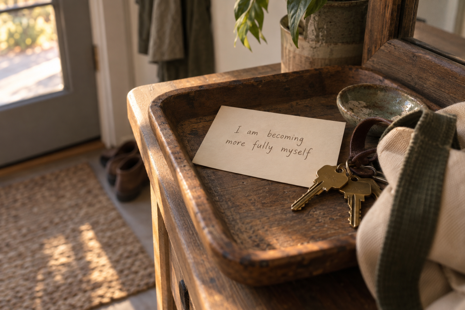 Handwritten note beside keys in a warm home entryway reads “I am becoming more fully myself,” representing personal growth and coming home to who you are.