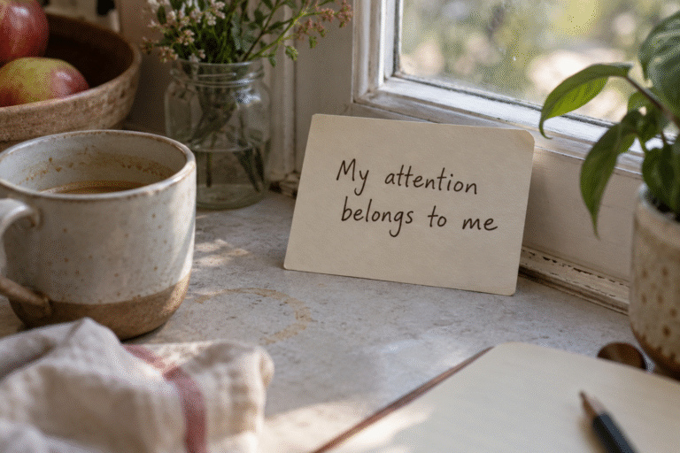Handwritten card beside coffee in a sunlit kitchen reading “My attention belongs to me,” a reminder to return to the present and practice mindful living.