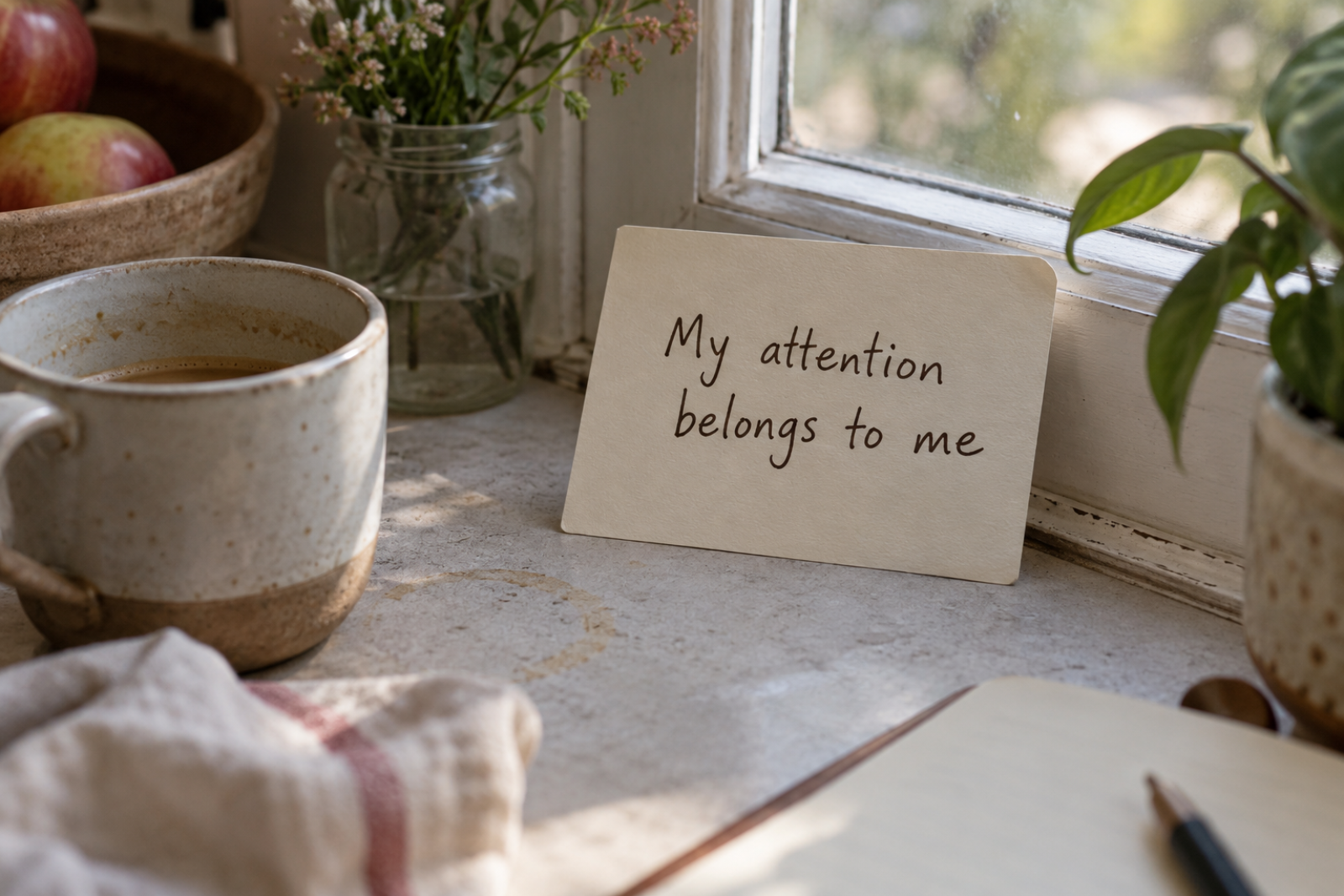 Handwritten card beside coffee in a sunlit kitchen reading “My attention belongs to me,” a reminder to return to the present and practice mindful living.