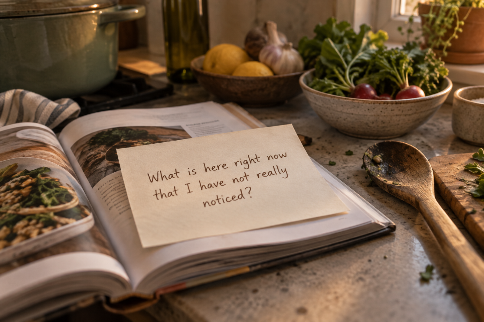 Handwritten note on an open cookbook during dinner preparation asks, “What is here right now that I have not really noticed?” illustrating mindful living in everyday life.