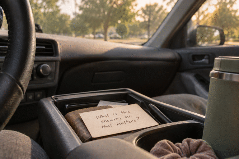 Handwritten reminder card in a parked car reading “What is this showing me that matters?” illustrating self-reflection and emotional clarity.